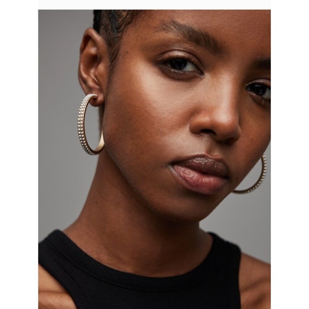 “ALLSAINTS BREA Gold Tone Beaded Hoop Earrings Faux Pearl Gold Designer Hoop